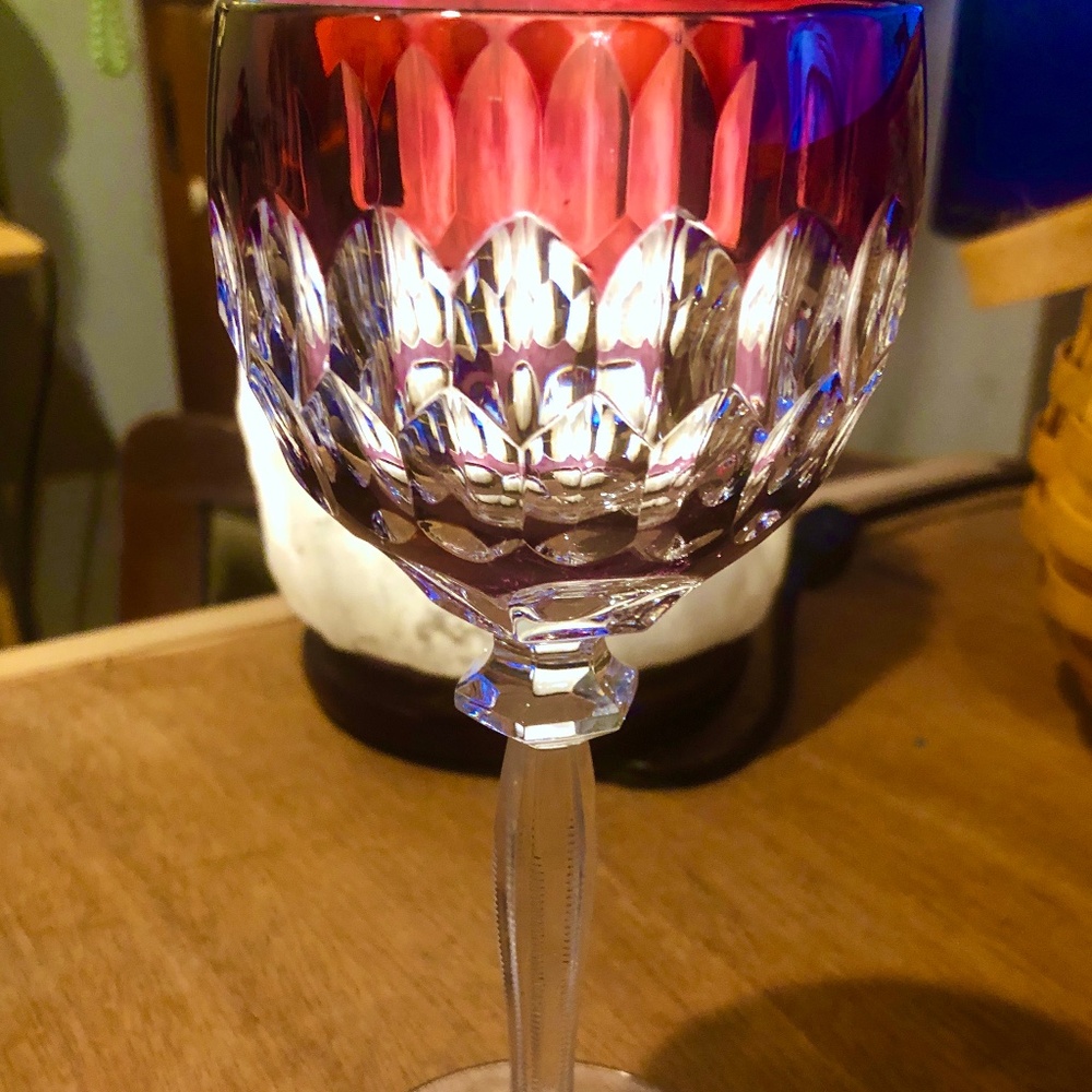 Vintage Single Ruby Red Cut To Clear Crystal Stemware Red Wine Glass Goblet 7"